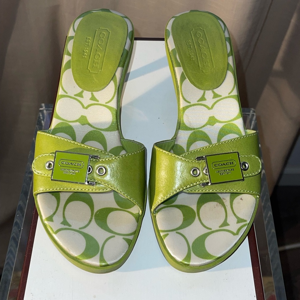 Vintage Coach Calf Leather Lime Green Kitten Heel Sandals - Picture 7 of 10